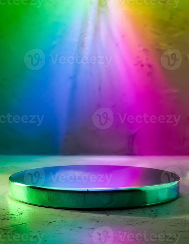 Green iridescent platform on white surface with colorful light beams in the background photo