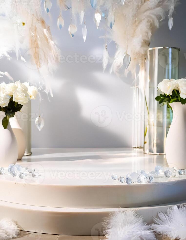 Minimalist White Product Display with Feathers and Crystals photo