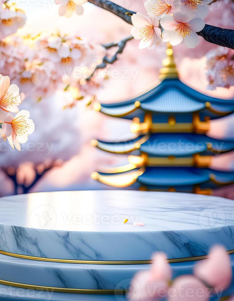 Marble Platform with Cherry Blossom and Pagoda Background photo