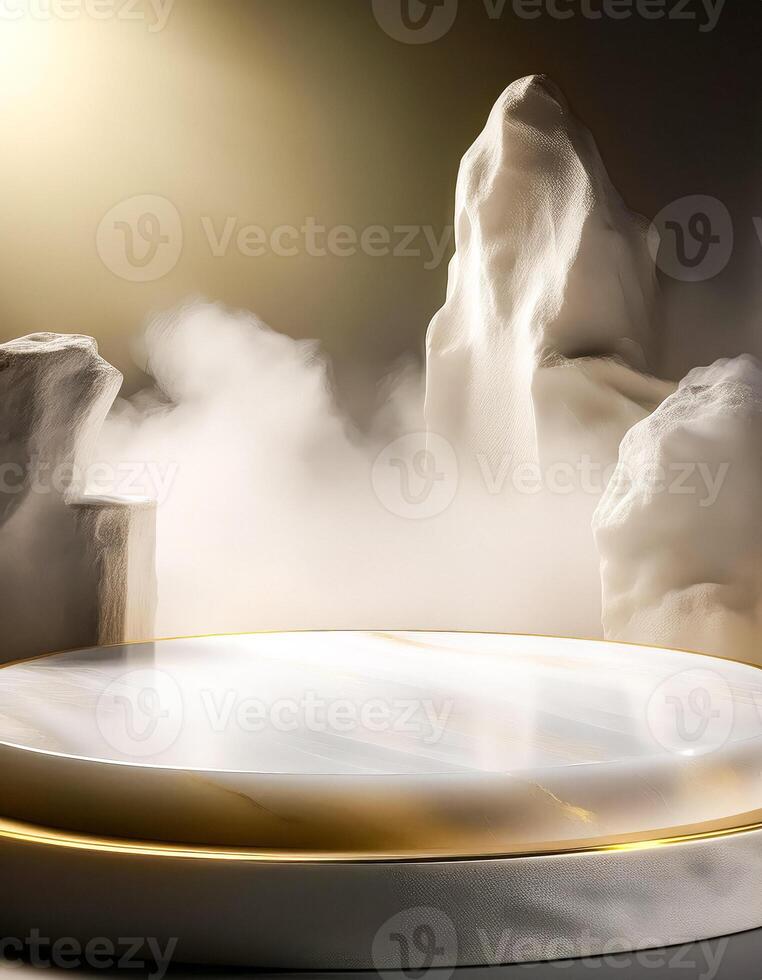 Minimalist Product Display with Golden Accent and Foggy Mountains photo