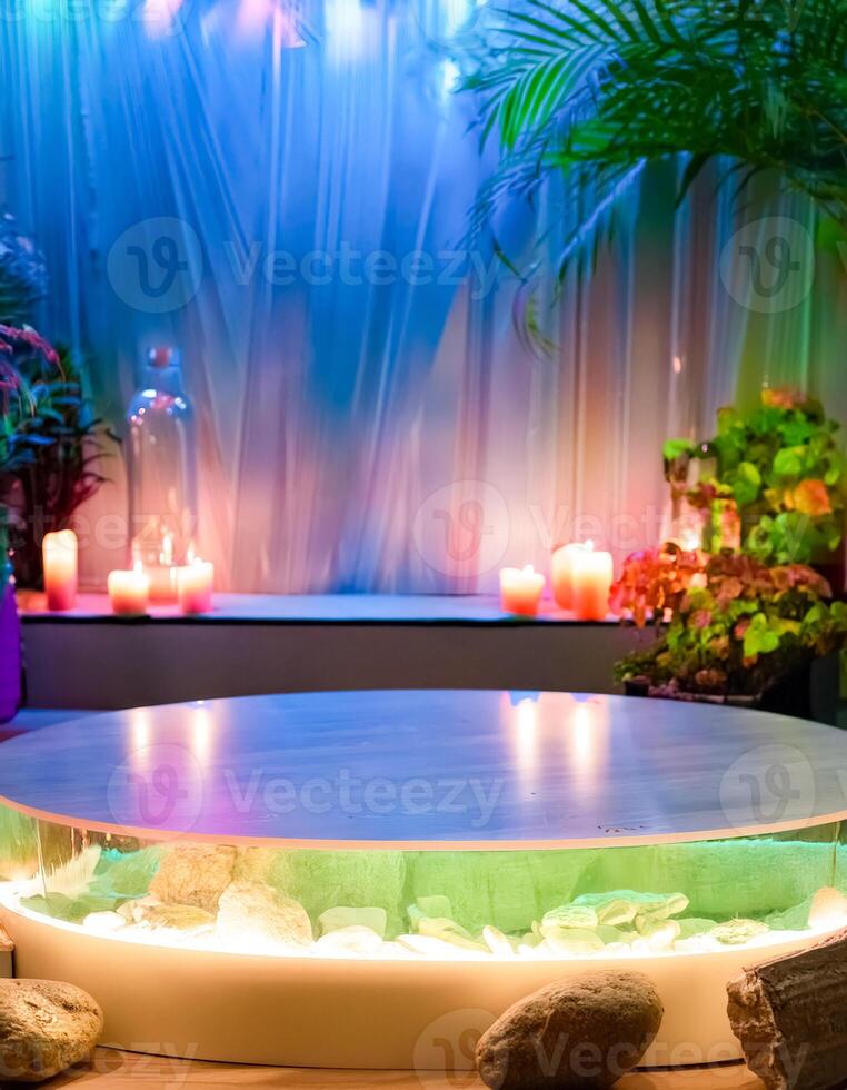 Illuminated Circular Platform with Stones and Water photo