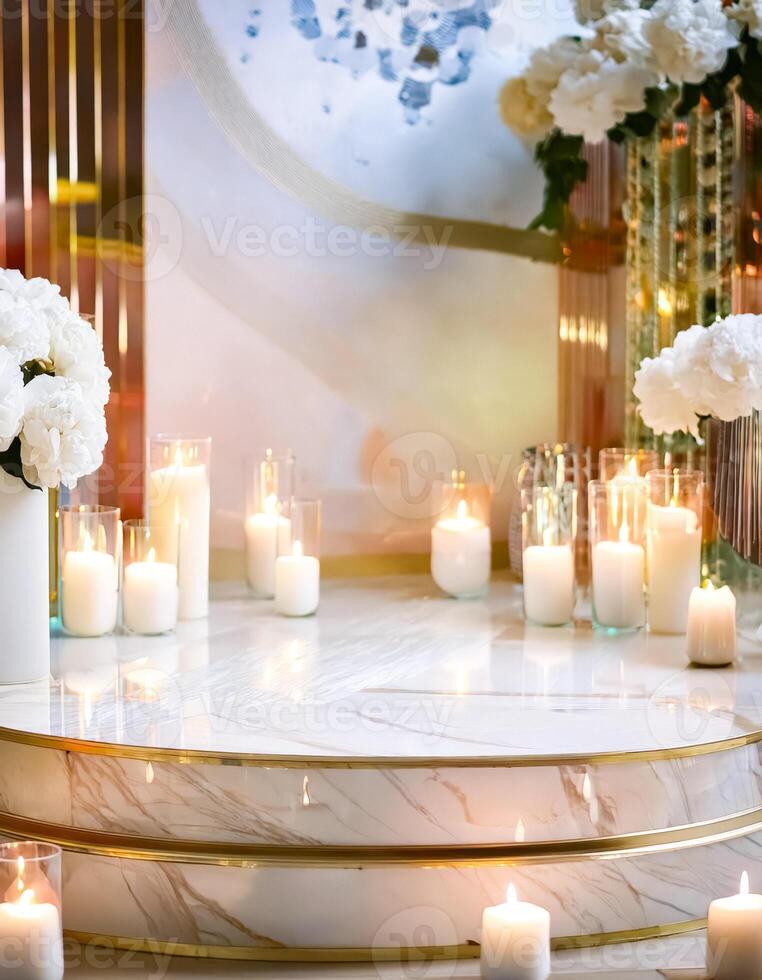 Elegant White Candles on Marble Table with Golden Trim photo