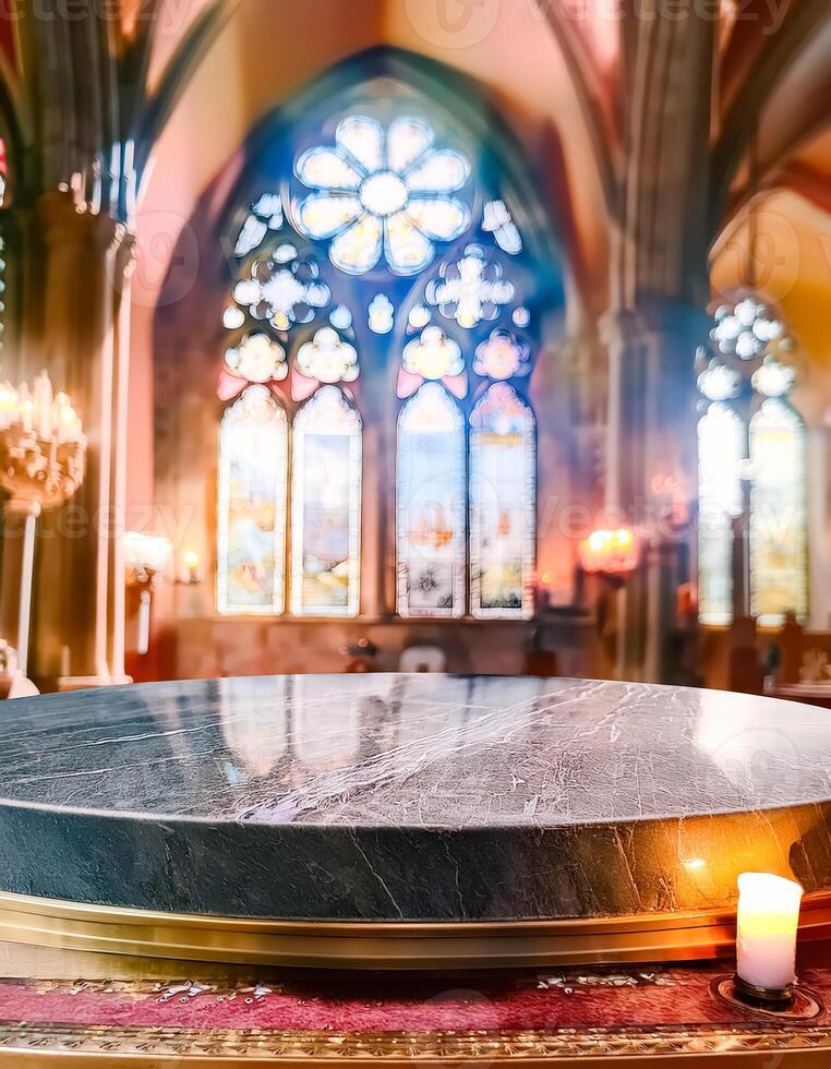 Marble Tabletop with Candle and Church Window in Background photo