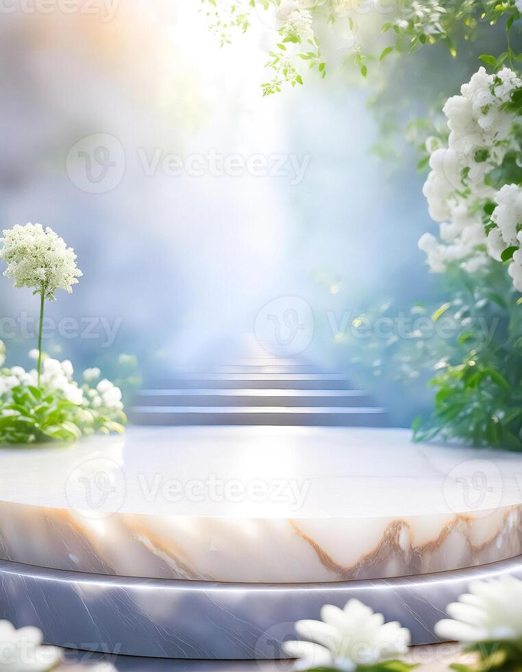 Marble podium with white flowers and soft light photo