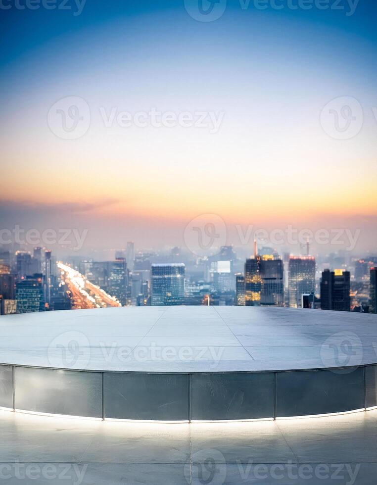 Empty Platform Overlooking Cityscape at Sunset photo
