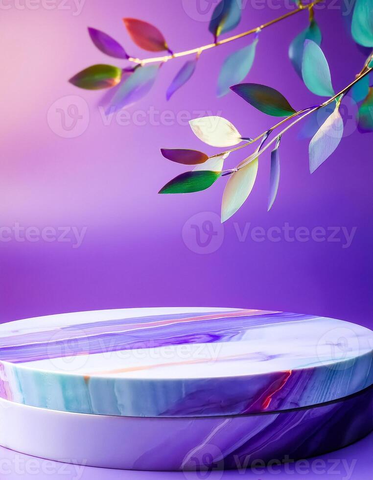 Abstract product display with iridescent leaves photo