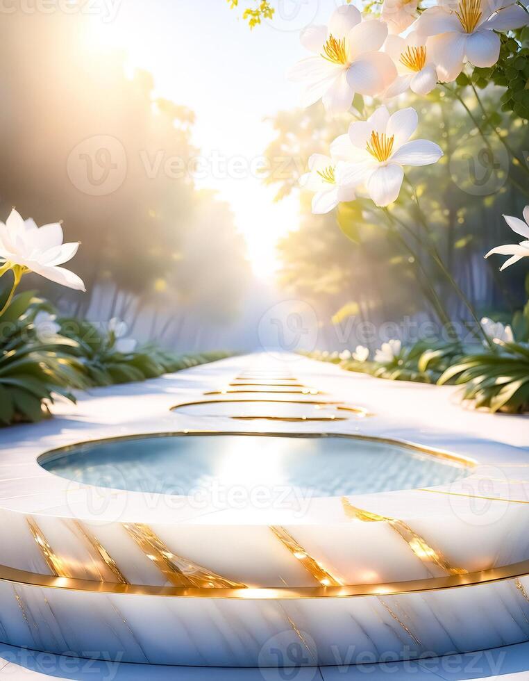 White Marble Platform with Golden Accents in a Lush Garden photo