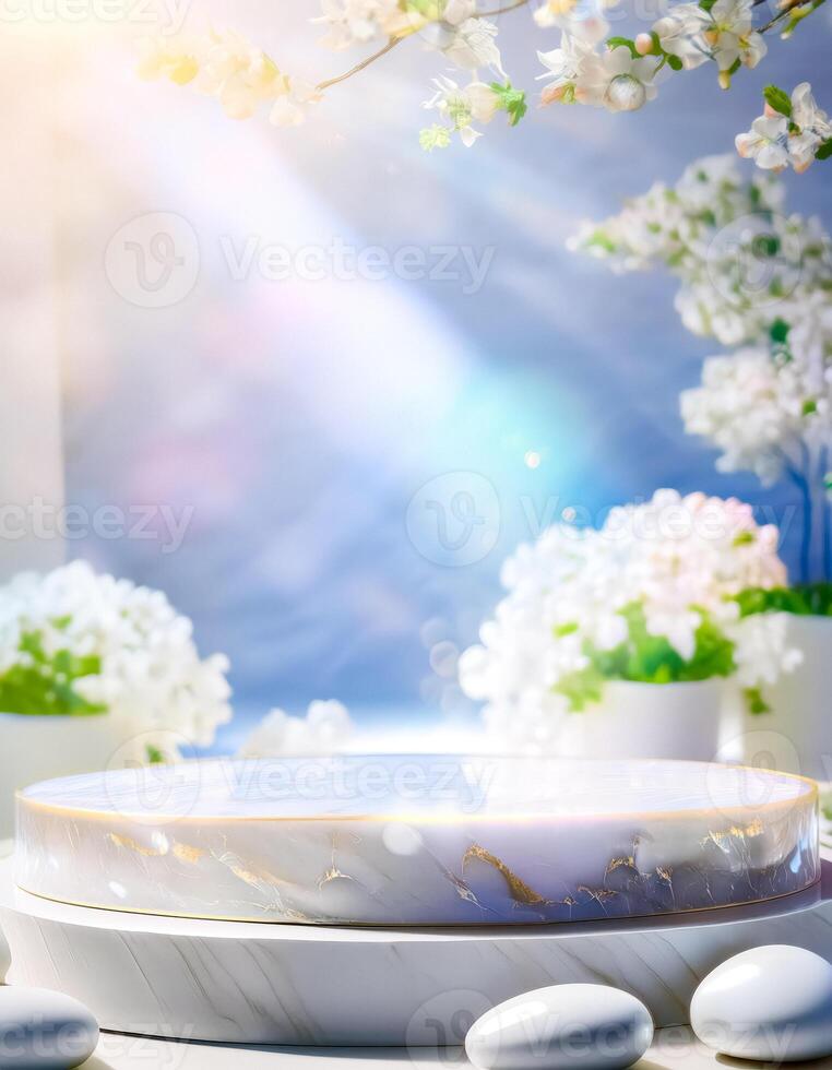 White marble podium with a spring floral background photo