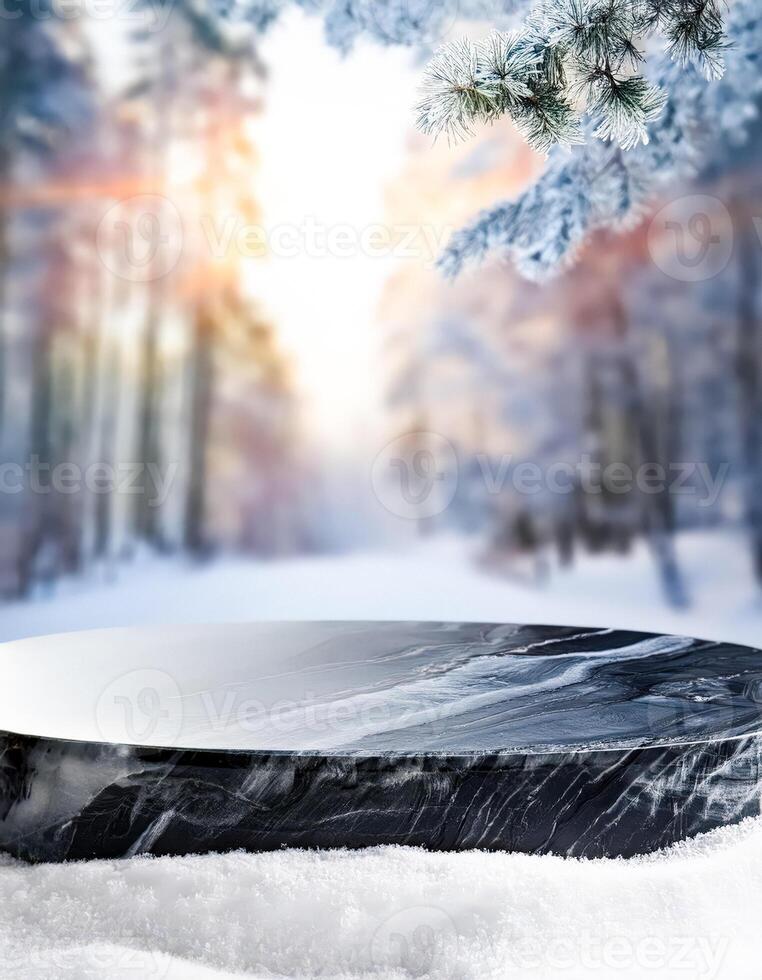 Marble Pedestal in Snowy Forest photo