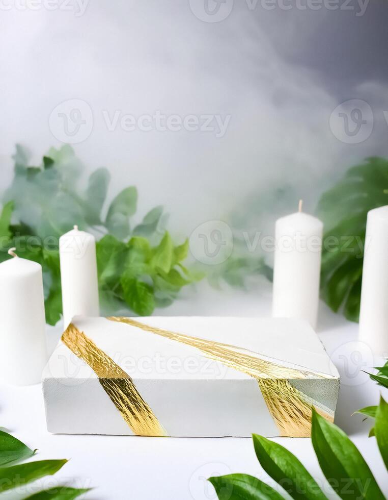 White Concrete Podium with Gold Accents and Candles photo