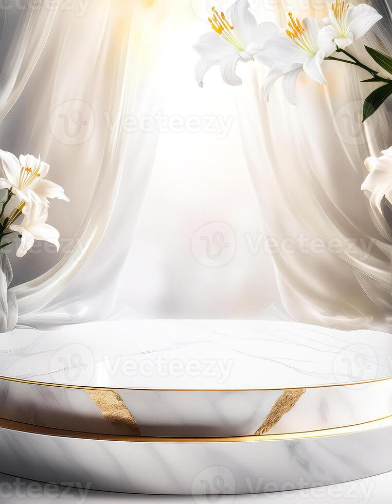 Minimalist White Marble Podium with Golden Accents and White Lilies photo
