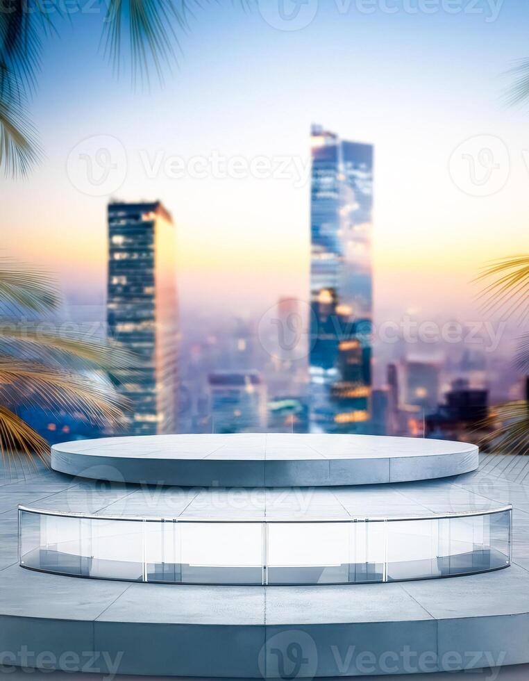 Minimalist Concrete Platform with Glass Railing and City Skyline Background photo