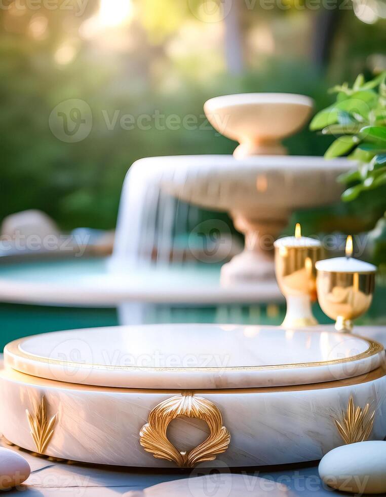 Elegant Marble Pedestal with Gold Accents and Candles photo