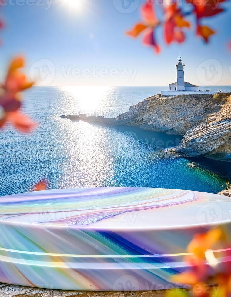 Colorful Tabletop Overlooking the Sea and a Lighthouse photo