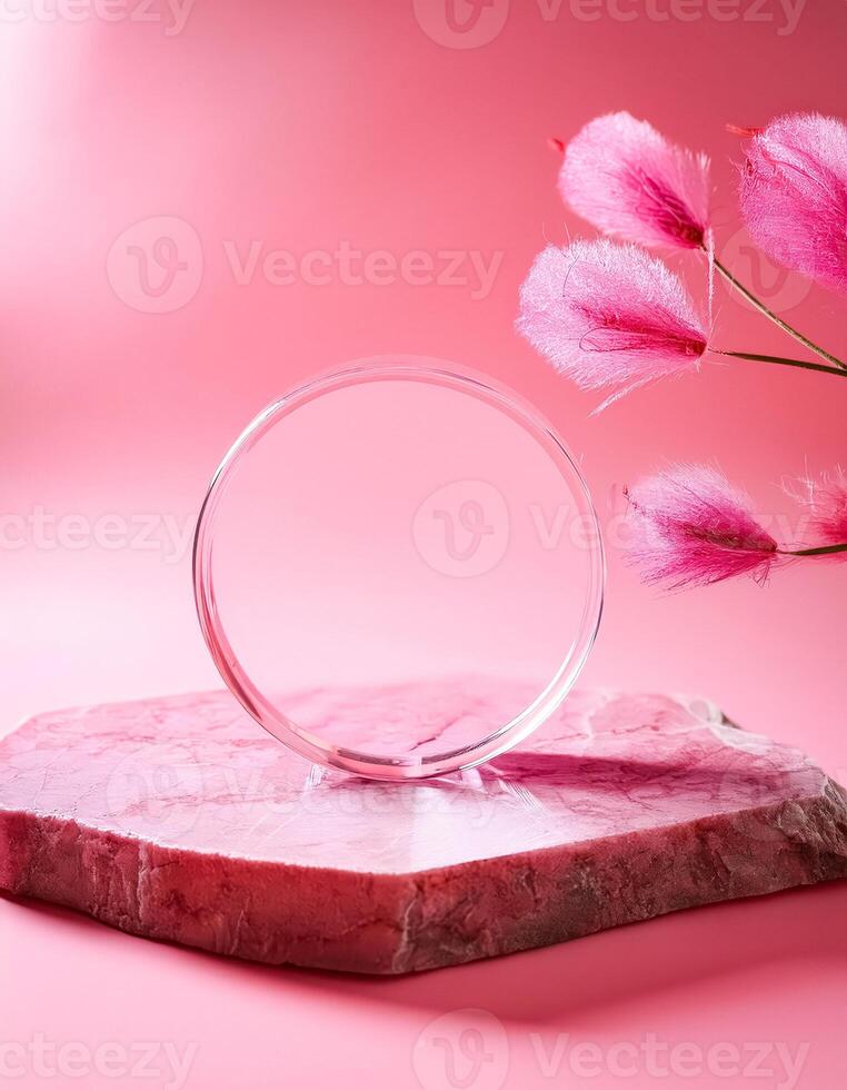 Pink Minimalist Product Display with Glass Circle and Stone Platform photo