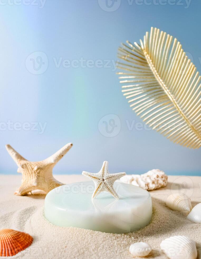 White Starfish on a White Round Pedestal on Sand Beach photo