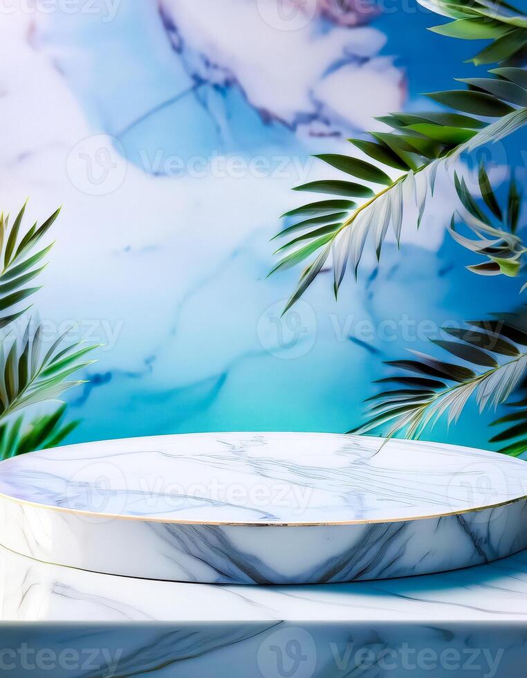 Abstract Blue Marble Background with White Round Podium and Green Leaves photo