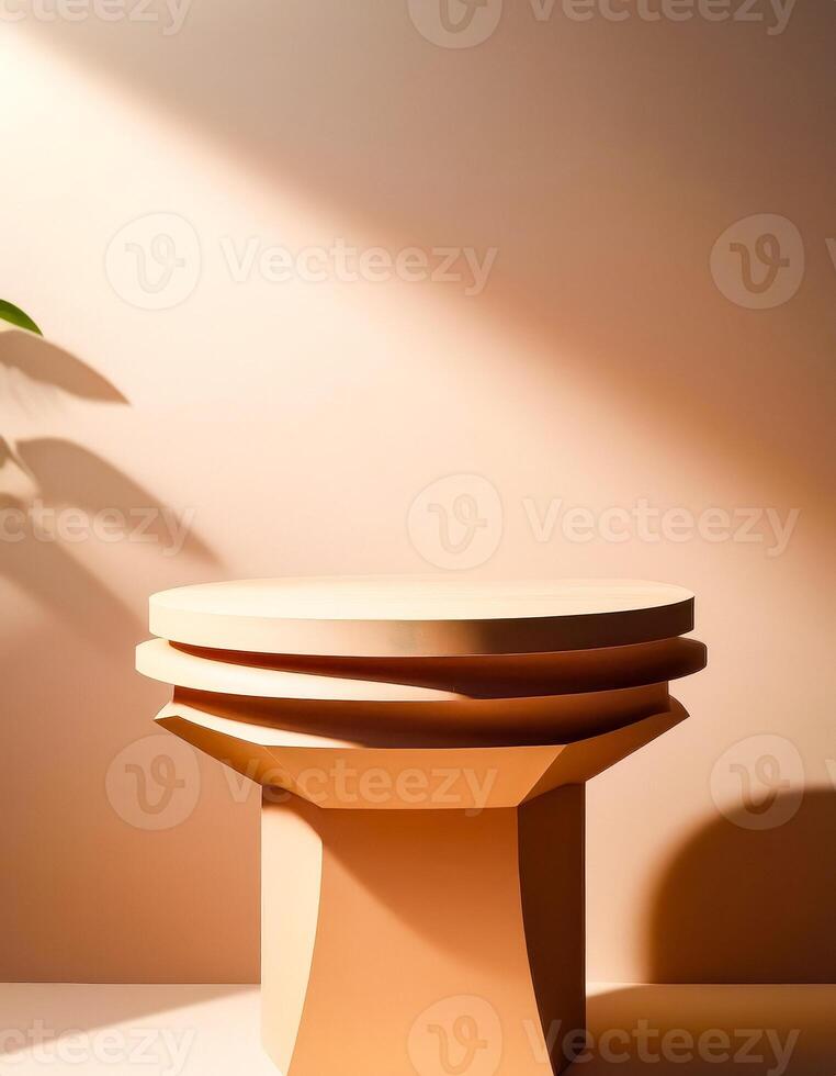Abstract geometric platform on a light brown background with shadow from a green plant photo