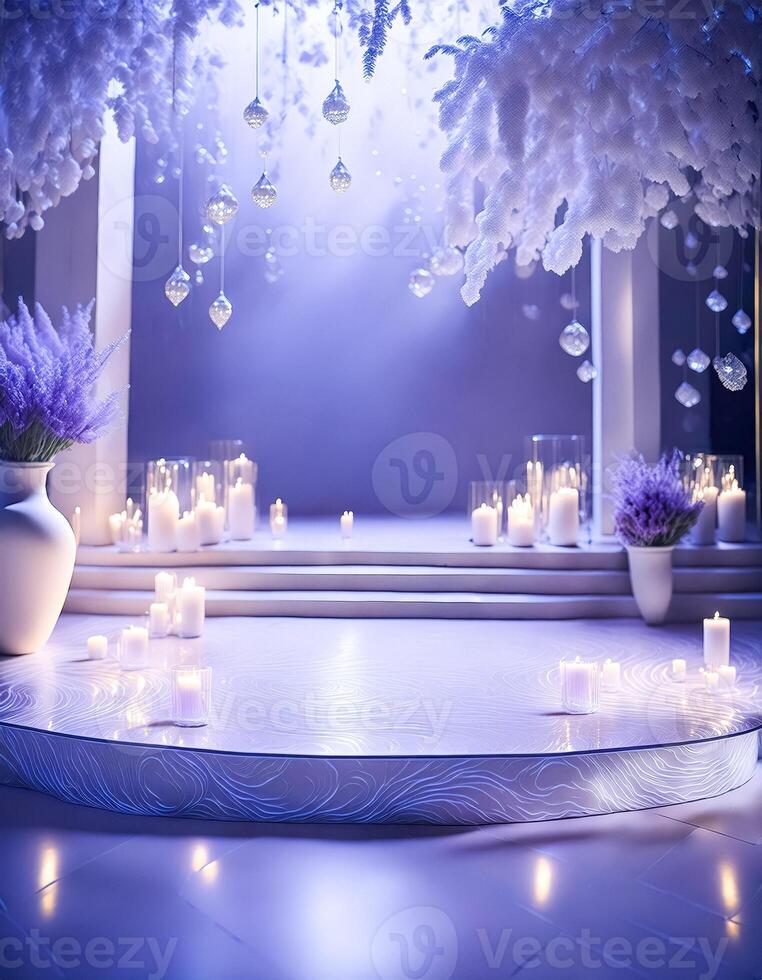 Romantic Purple Wedding Ceremony Setup with Candles and White Flowers photo