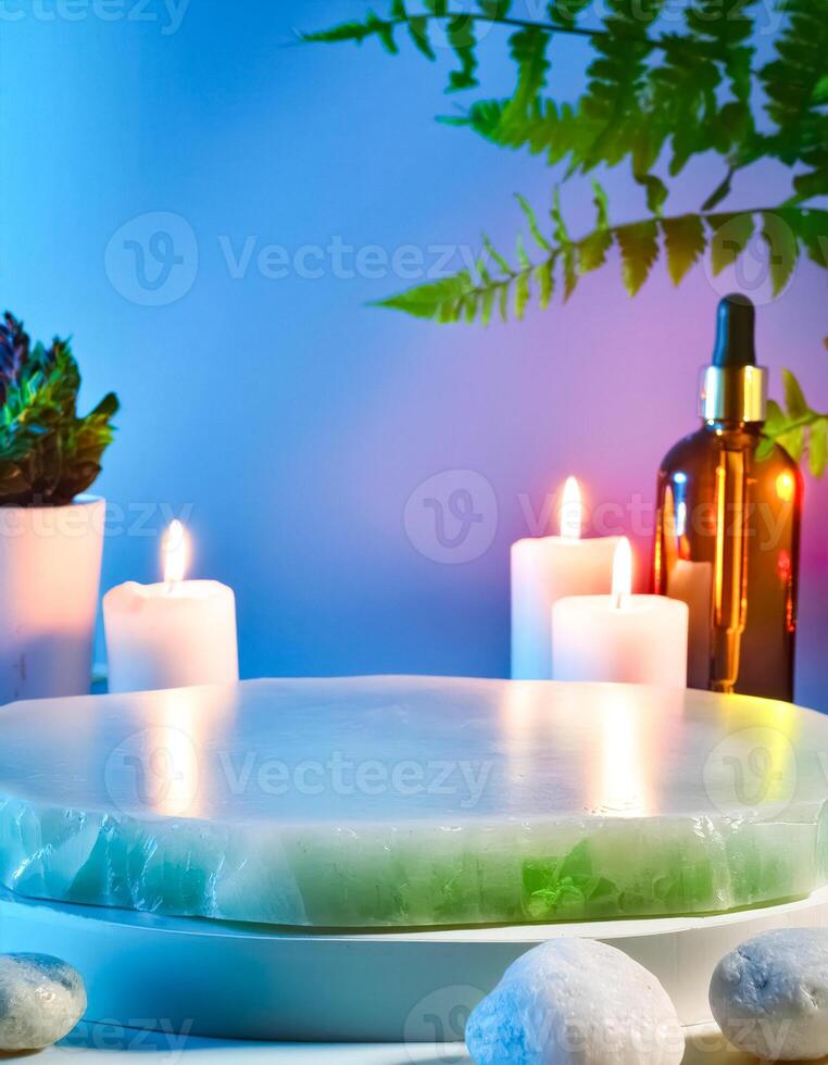 Blue and Green Product Display with Candles and Stones photo