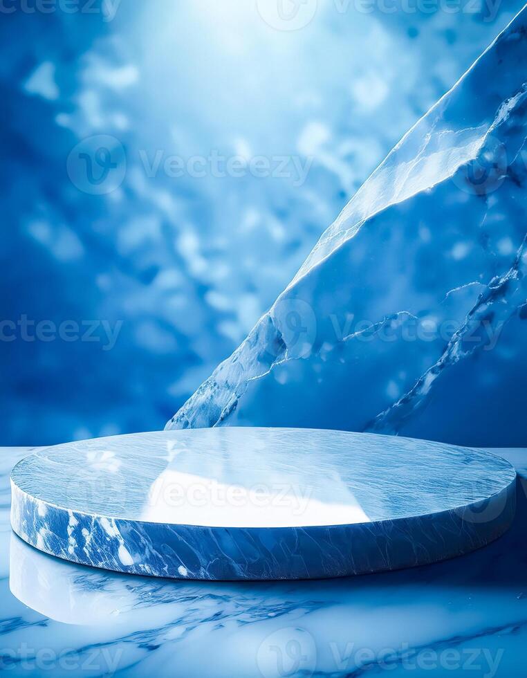 Abstract Blue Marble Podium with Snowy Mountain Background photo