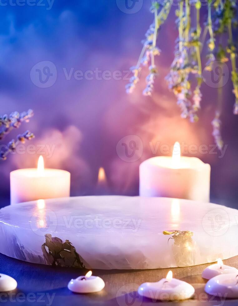 Mystical Candlelight Scene with White Round Platform photo