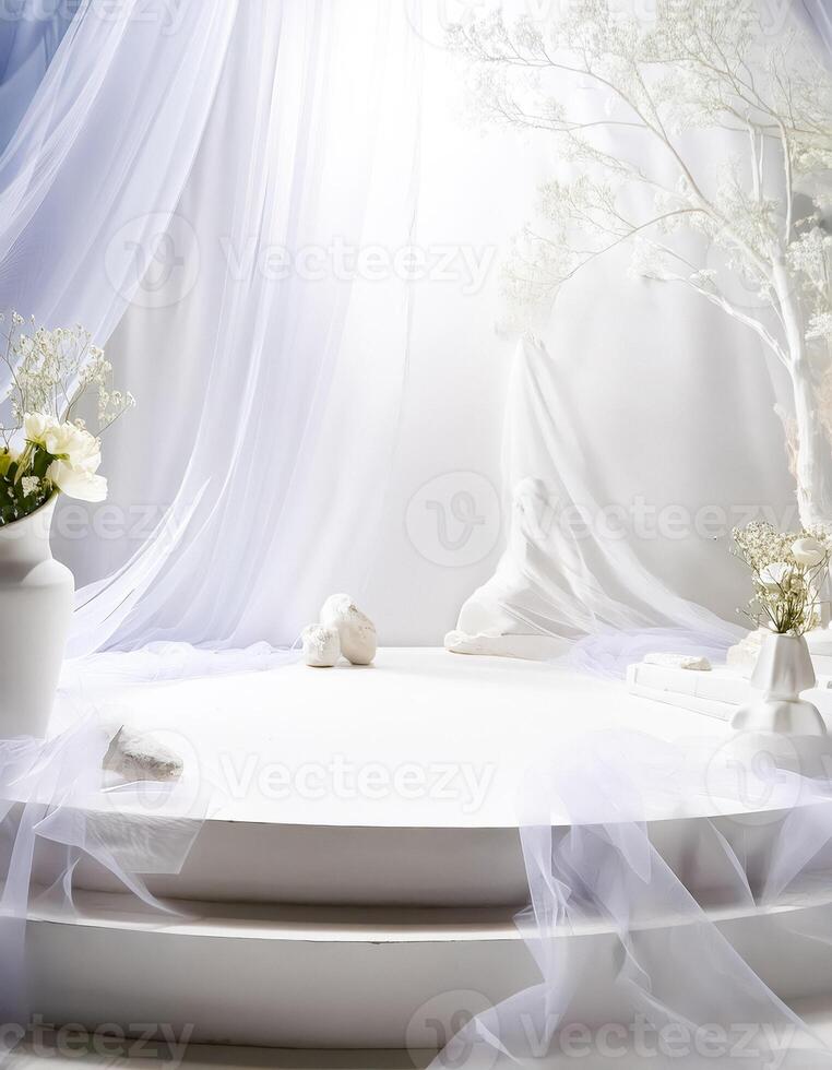 White Minimalist Product Photography Setup with Sheer Fabric and Dried Flowers photo