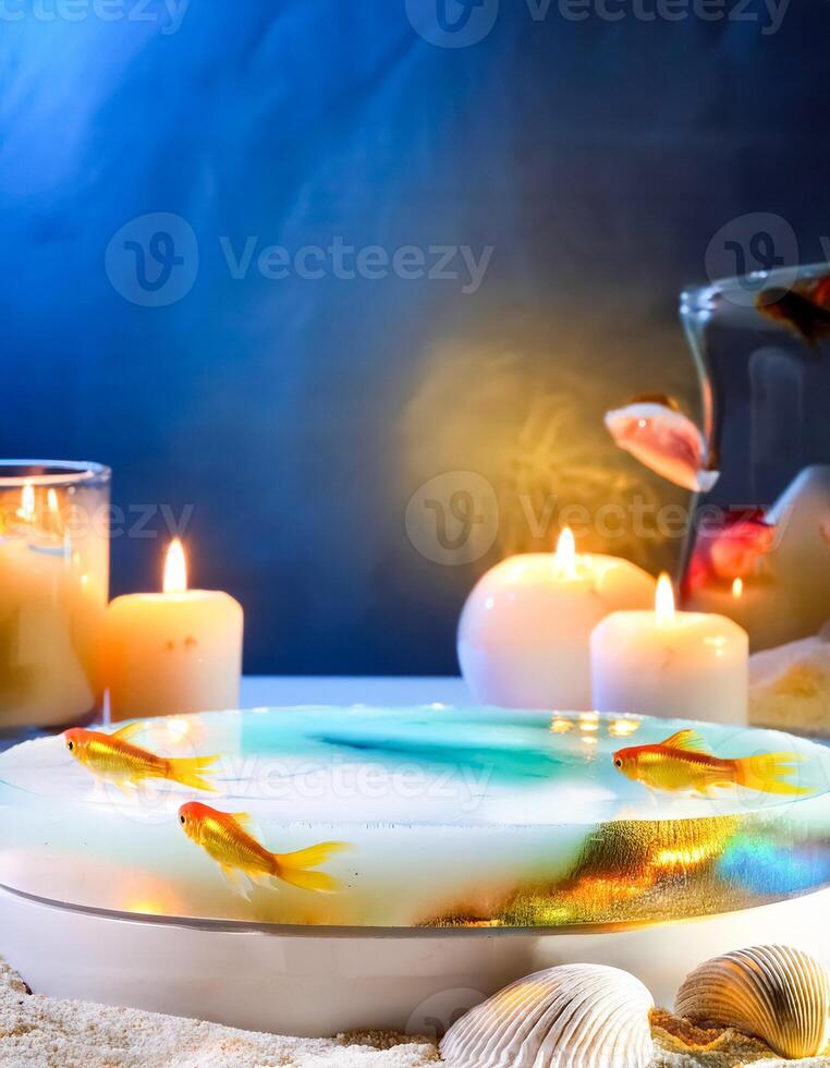 Goldfish swimming in a bowl with candles and seashells photo