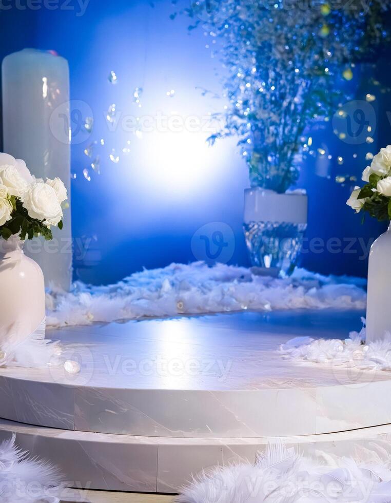 White Platform with Feathers and Flowers photo