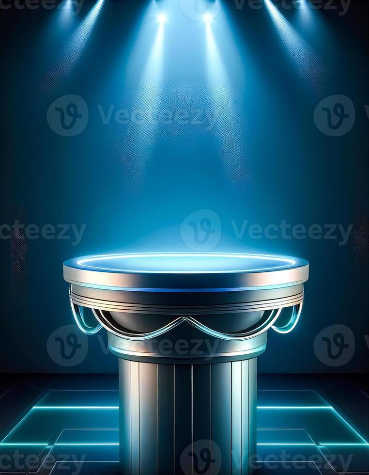Futuristic Podium With Blue Neon Lights photo