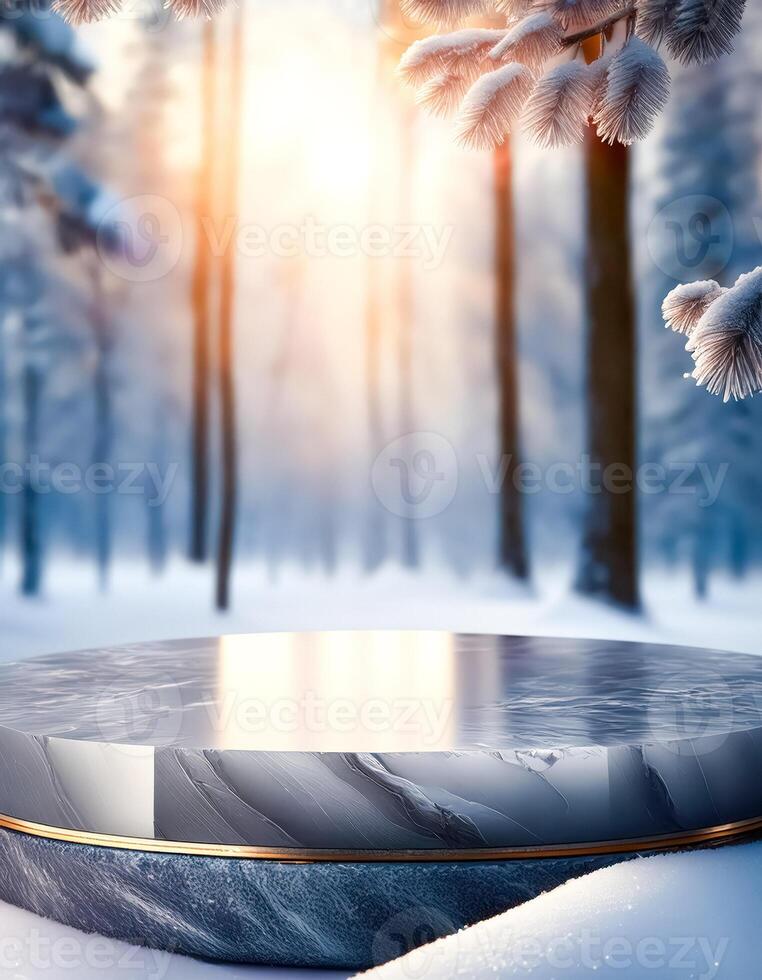 Marble Podium in Snowy Forest photo