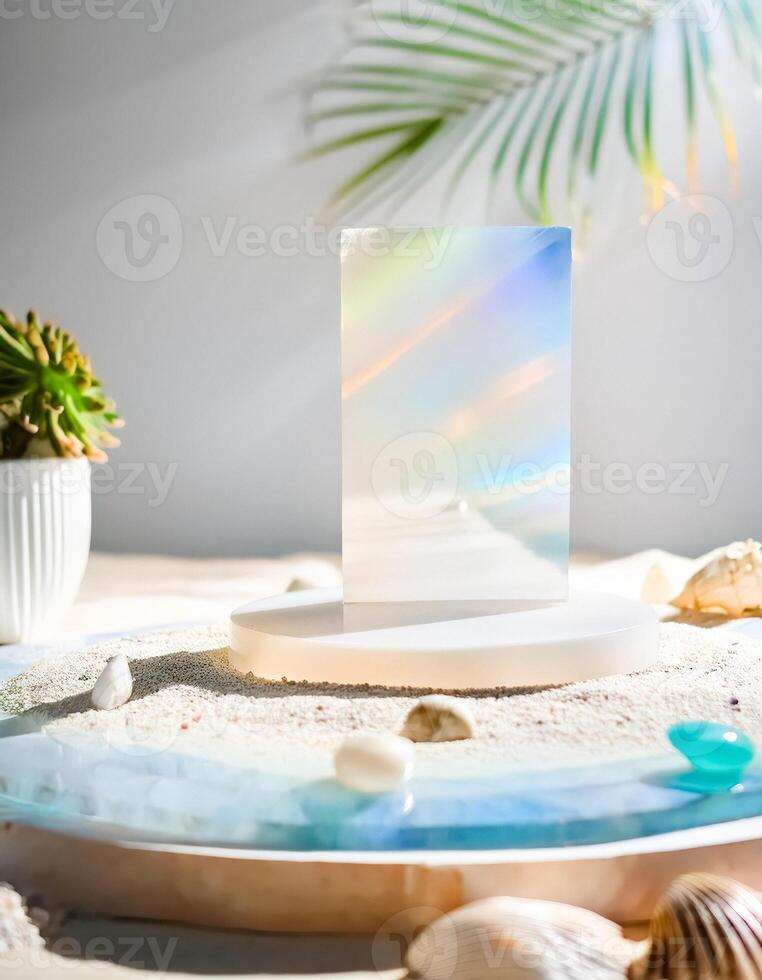 White Blank Square Mockup on Sand with Seashells and Turquoise Water photo