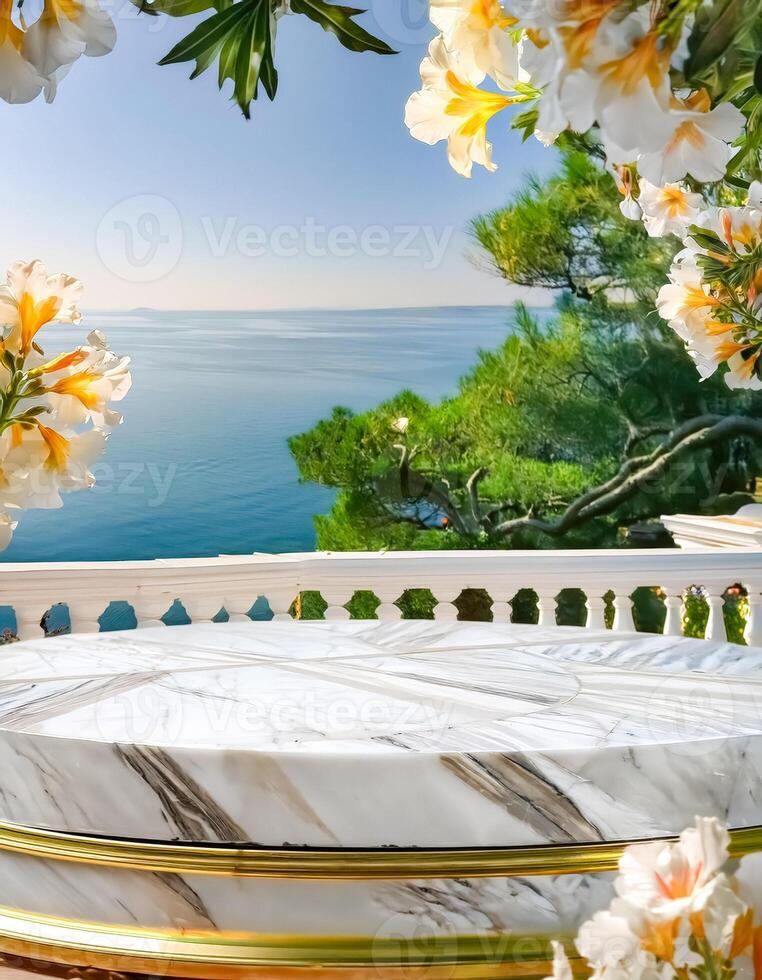 Marble Podium with Ocean and Flowers Background photo