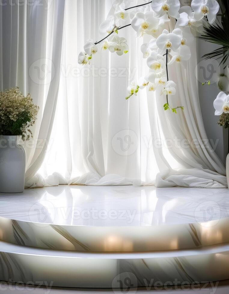 Minimalist White Stage with Orchids and Sheer Curtains photo