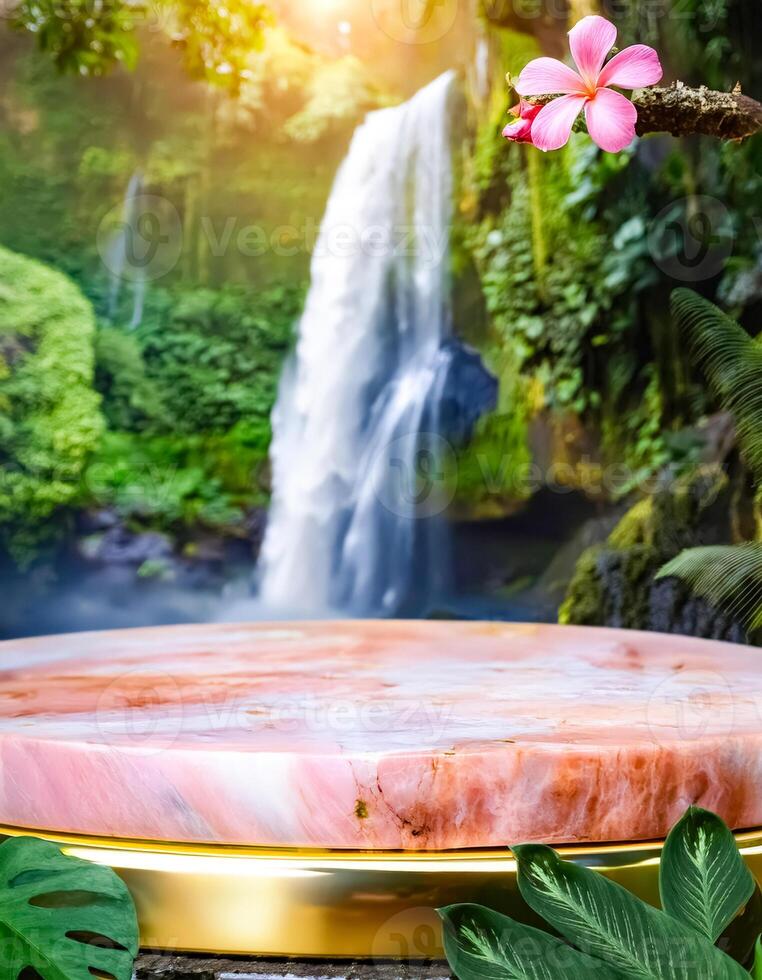 Pink Marble Podium in Lush Tropical Rainforest with Waterfall in Background photo