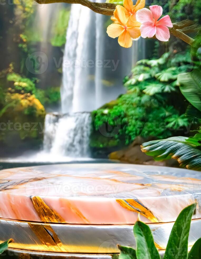 Marble podium with waterfall and tropical flowers background photo