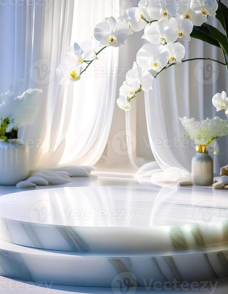 Minimalist White Marble Platform with Orchid and Sheer Curtains photo