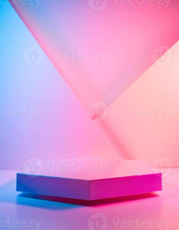 Abstract Neon Background with Geometric Shapes and Podium photo