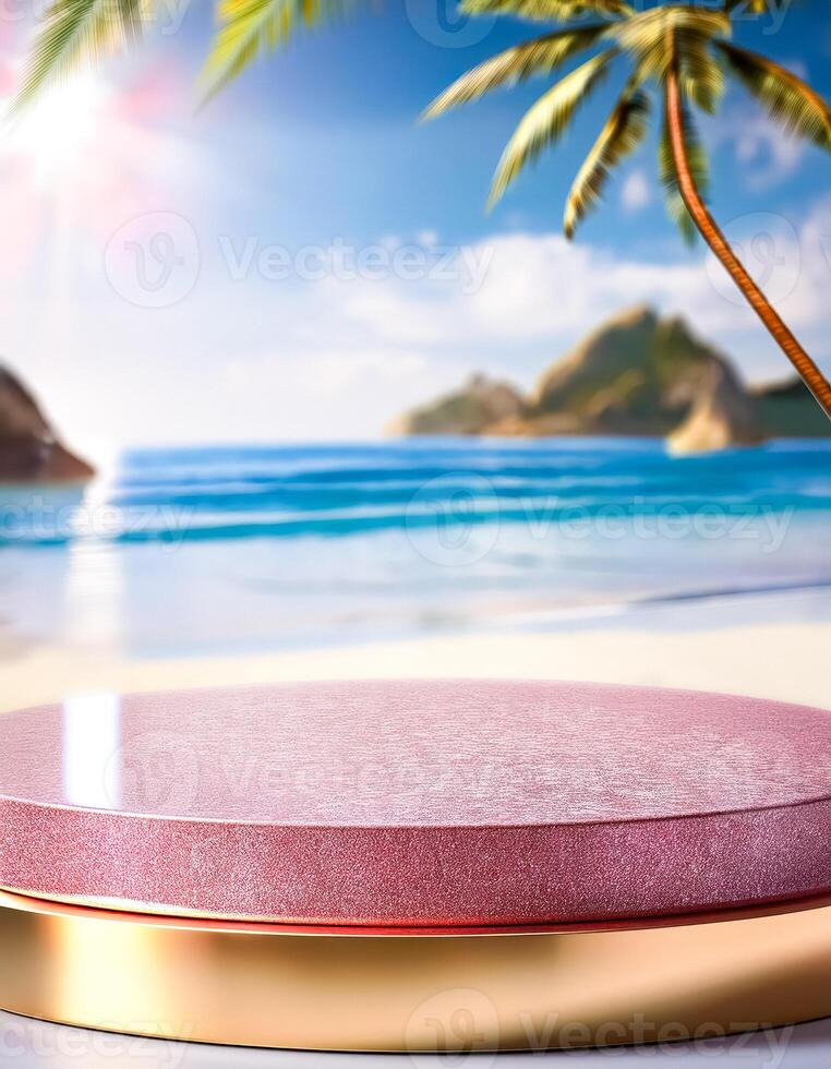 Pink and gold podium on beach with palm tree photo