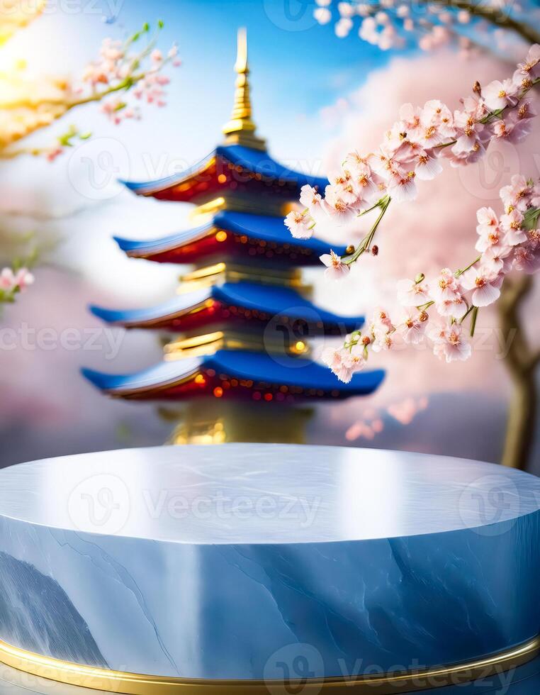 Blue Marble Pedestal with Japanese Pagoda in the Background photo