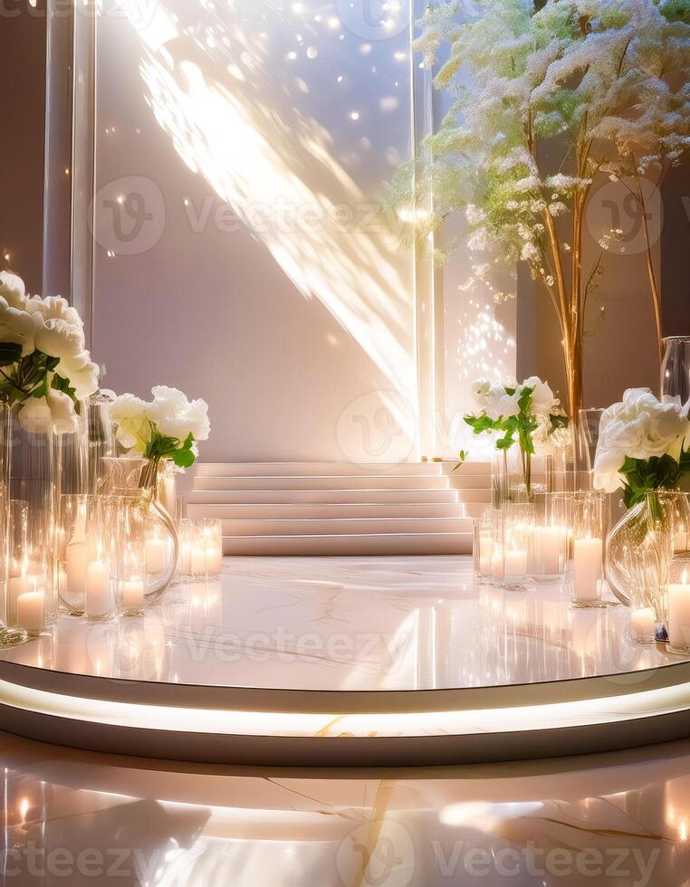 Romantic Wedding Ceremony Setup with White Flowers and Candles photo