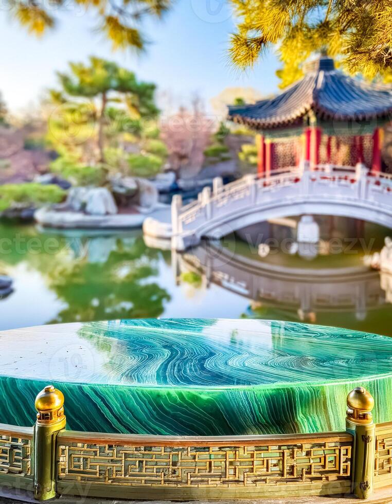 Jade Tabletop with Blurred Chinese Garden Background photo