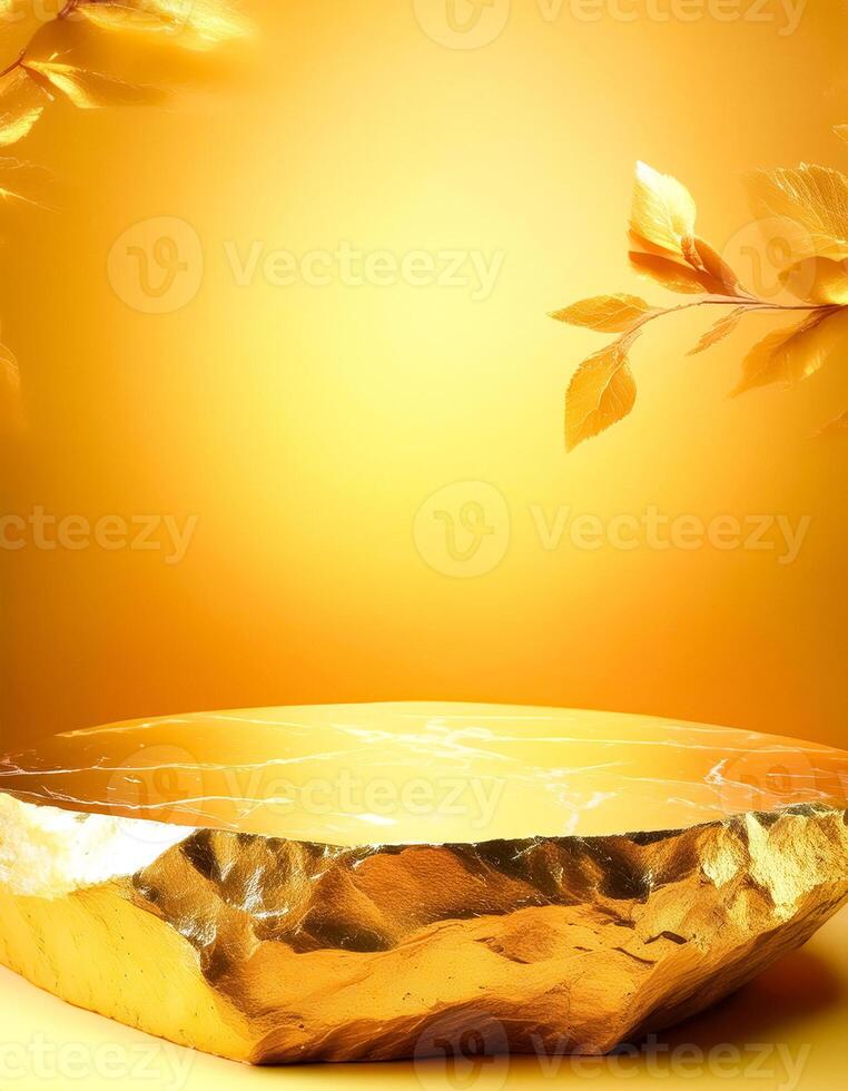 Golden Rock Platform on Yellow Background with Leaves photo