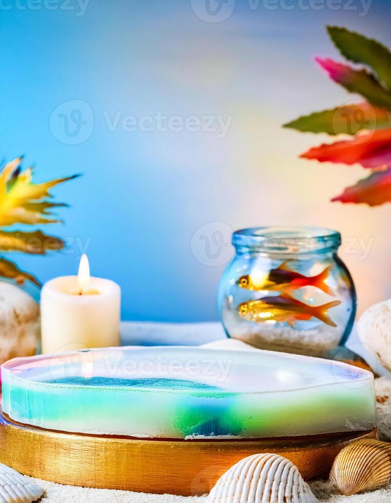 Seashell and Candle Display on a Beach photo