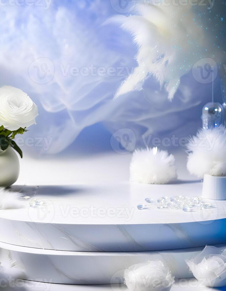 White Abstract Background with Podium and Feathers photo