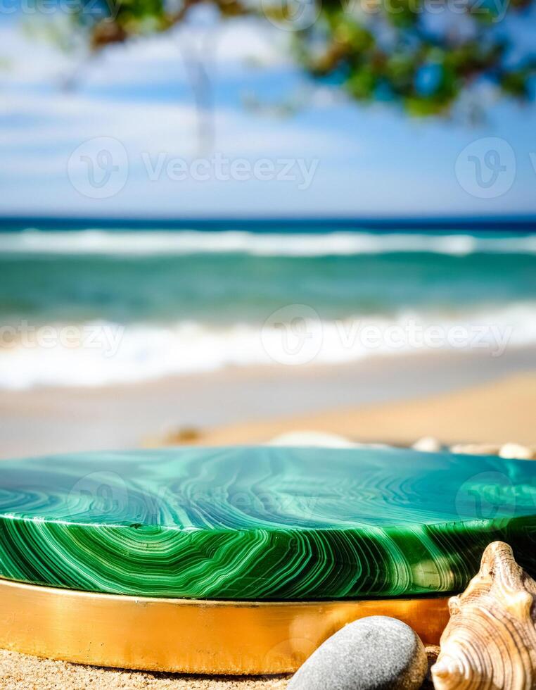 Green Malachite Stone Product Display on Beach photo