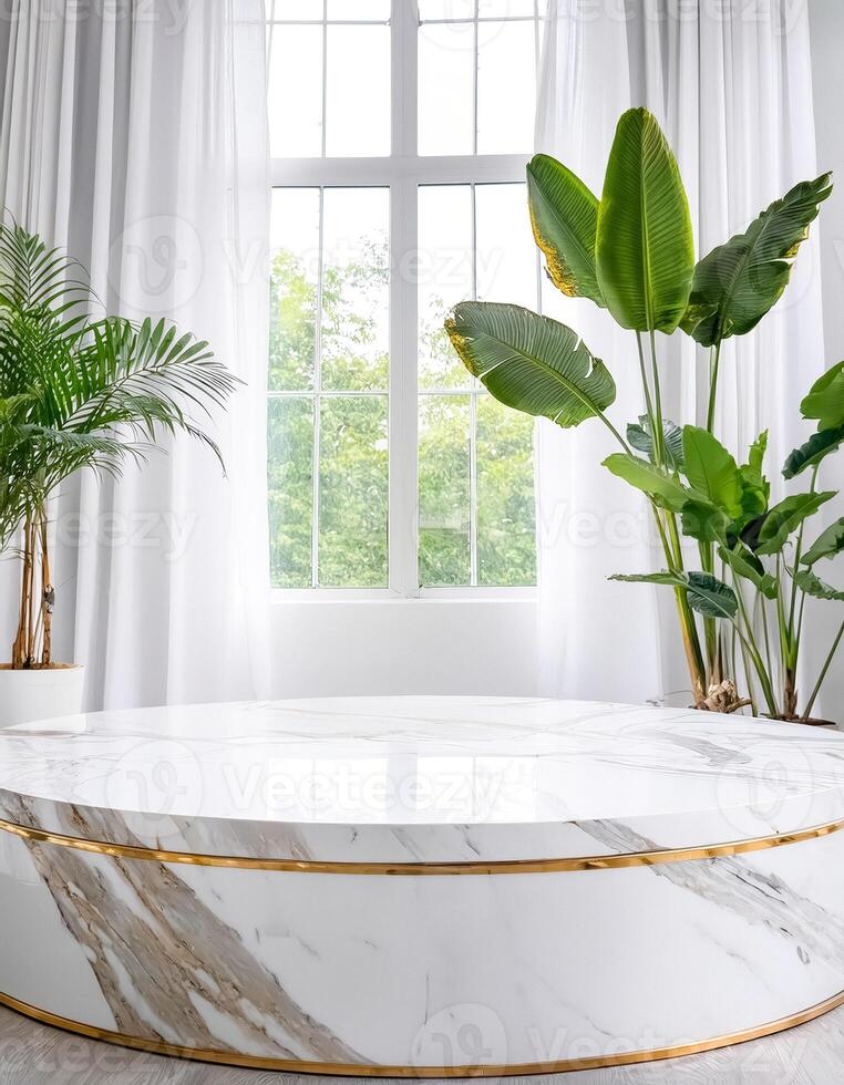 Minimalist White Marble Round Table with Golden Trim photo