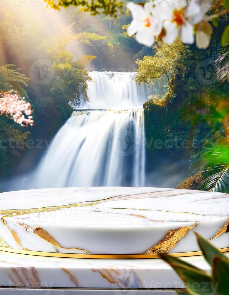 Marble Podium with Waterfall Background photo