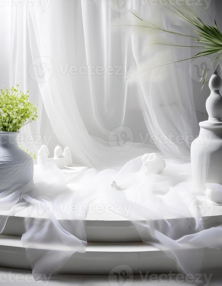 Minimalist White Background with Sheer Fabric and White Objects photo