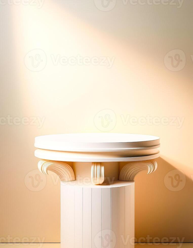 Minimalist White Pedestal Against a Beige Wall with Sunlight Streaming In photo